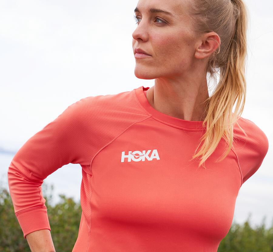 Tops Womens - Hoka One One Performance 3/4 Sleeve - Orange - NVWGZFR-46